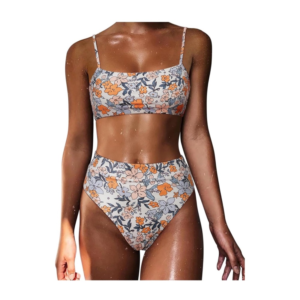 Floral High-Waist Bikini Set - White & Orange